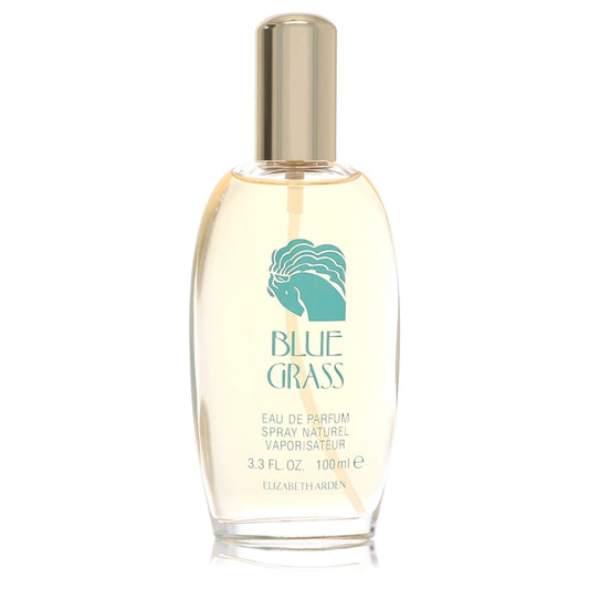Elizabeth Arden Blue Grass Eau de Parfum spray bottle with a gold cap and a light teal logo on a white background. 100ml
