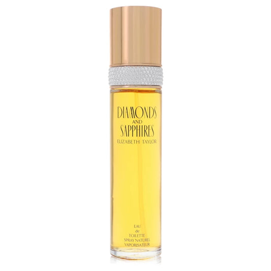 Elizabeth Taylor Diamonds and Sapphires Eau de Toilette perfume bottle with a metallic rose gold cap, textured silver band, and yellow liquid inside a clear glass bottle. 100ml