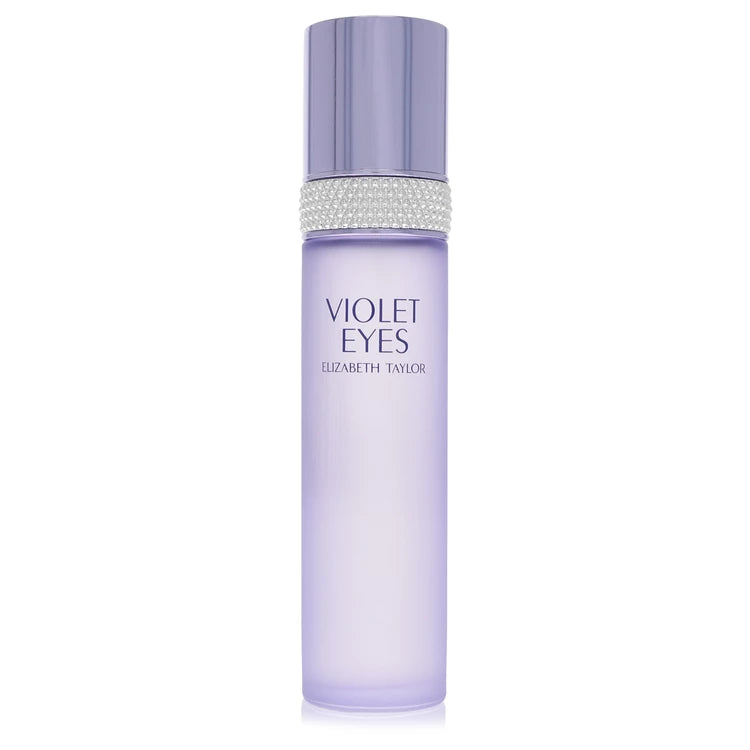 Elizabeth Taylor Violet Eyes eye cream in a frosted light purple bottle with a shiny silver cap and a rhinestone band, shown on a white background. 100ml