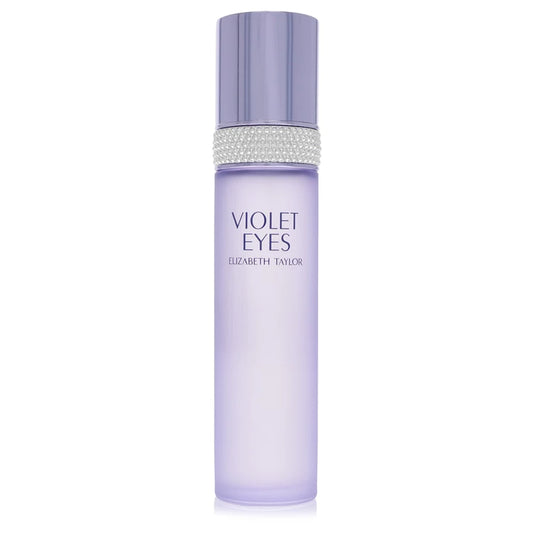 Elizabeth Taylor Violet Eyes eye cream in a frosted light purple bottle with a shiny silver cap and a rhinestone band, shown on a white background. 100ml