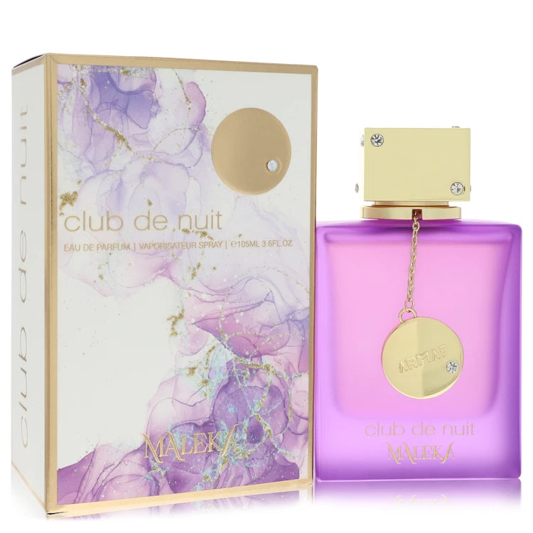 Purple perfume bottle with gold cap and 'club de nuit' packaging on a white background 106ml