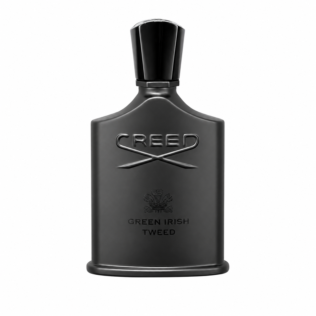 Creed Green Irish Tweed cologne bottle in a matte black finish with a matching black cap, shown against a plain white background. 100ml