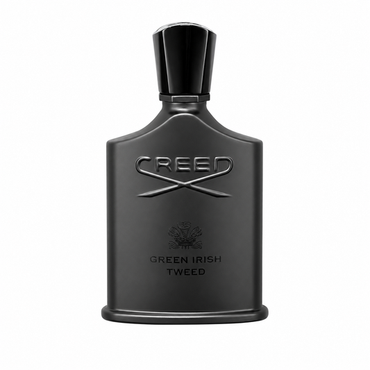 Creed Green Irish Tweed cologne bottle in a matte black finish with a matching black cap, shown against a plain white background. 100ml