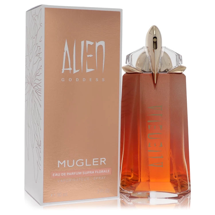 Mugler Alien Goddess Supra Florale – bold blooming floral fragrance in metallic pink and gold sculpted bottle. 90ml
