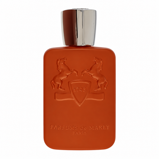 Parfums de Marly Althaïr Eau de Parfum luxury men's fragrance in an elegant orange bottle with silver cap, featuring Bourbon vanilla, cinnamon, orange blossom and praline. 125ml