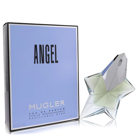 Mugler Angel – iconic sweet patchouli and praline fragrance in star-shaped blue glass bottle. 50ml Refillable