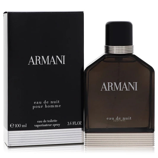 Bottle of Armani Eau de Nuit Eau de Toilette with sleek black packaging and a moody, elegant nighttime background 100ml