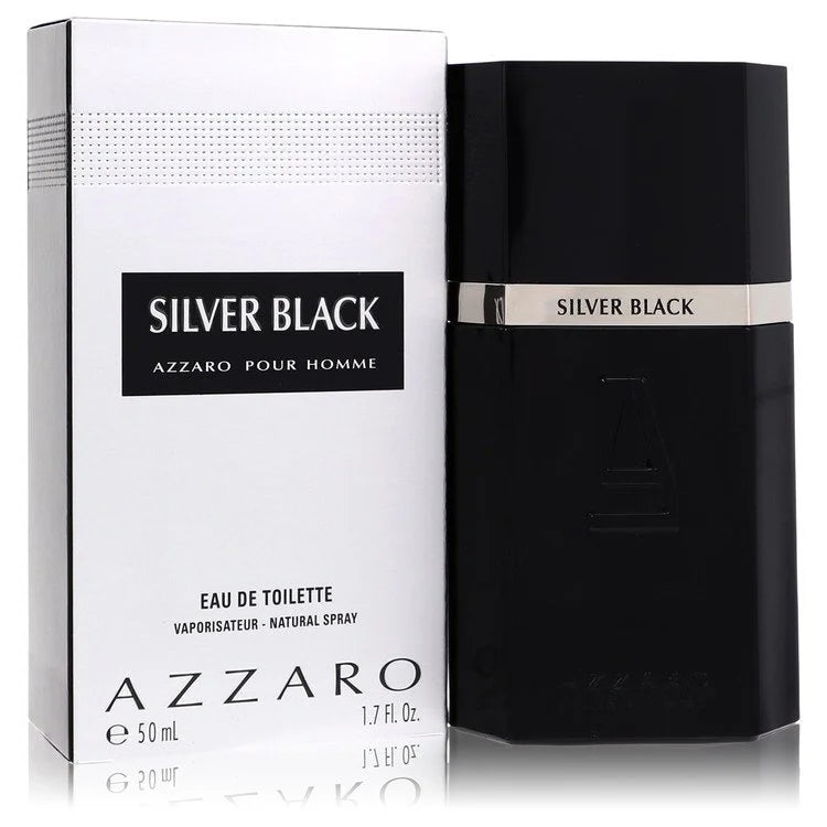 Bottle of Azzaro Silver Black Eau de Toilette with black and silver design against a bold, modern background 50ml