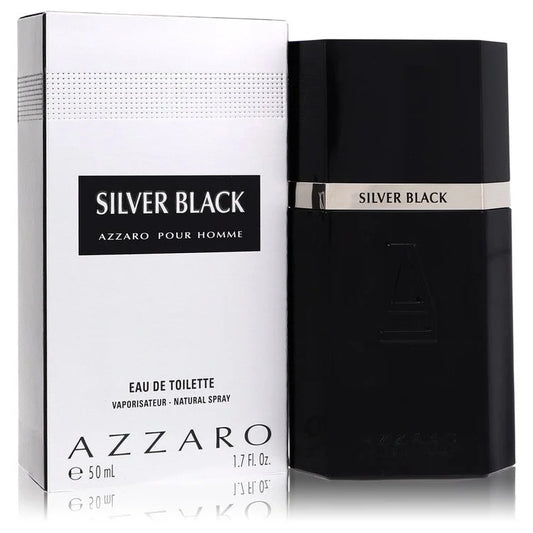 Bottle of Azzaro Silver Black Eau de Toilette with black and silver design against a bold, modern background 50ml