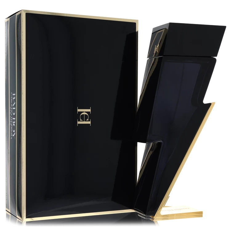 Bottle of Carolina Herrera Bad Boy Eau de Toilette shaped like a lightning bolt with a dark, edgy background 151ml