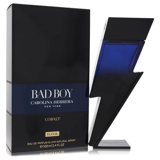 Midnight blue lightning bolt bottle of Carolina Herrera Bad Boy Cobalt Elixir with smoky, intense background 100ml
