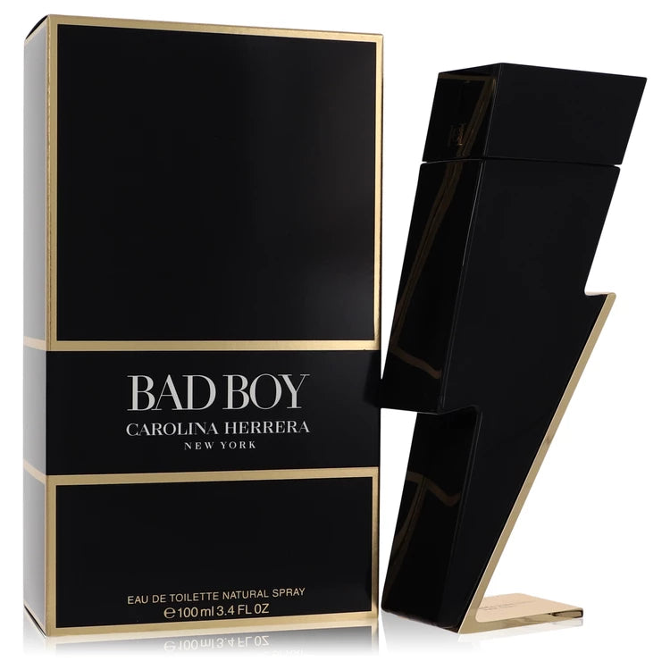 Bottle of Carolina Herrera Bad Boy Eau de Toilette shaped like a lightning bolt with a dark, edgy background 100ml