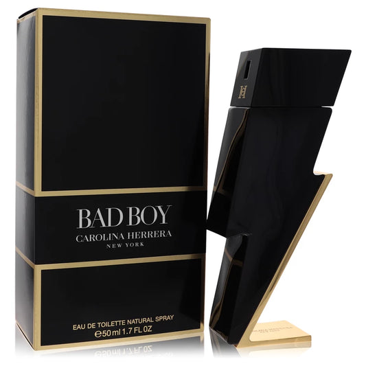 Bottle of Carolina Herrera Bad Boy Eau de Toilette shaped like a lightning bolt with a dark, edgy background 50ml