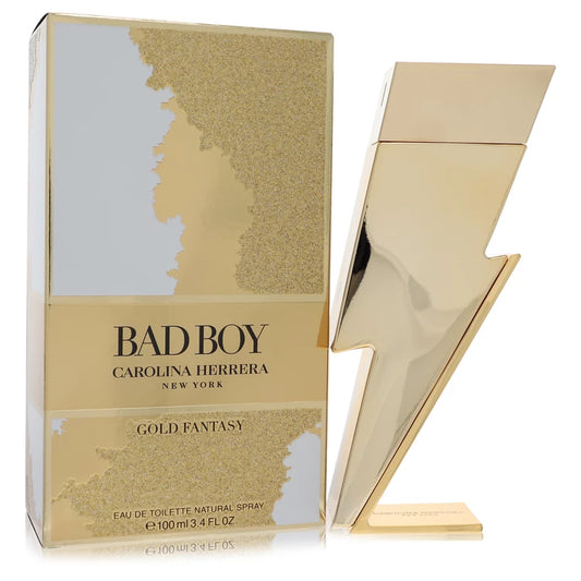 Gold lightning bolt bottle of Carolina Herrera Bad Boy Gold Fantasy Eau de Toilette with a luxurious black and gold background 100ml