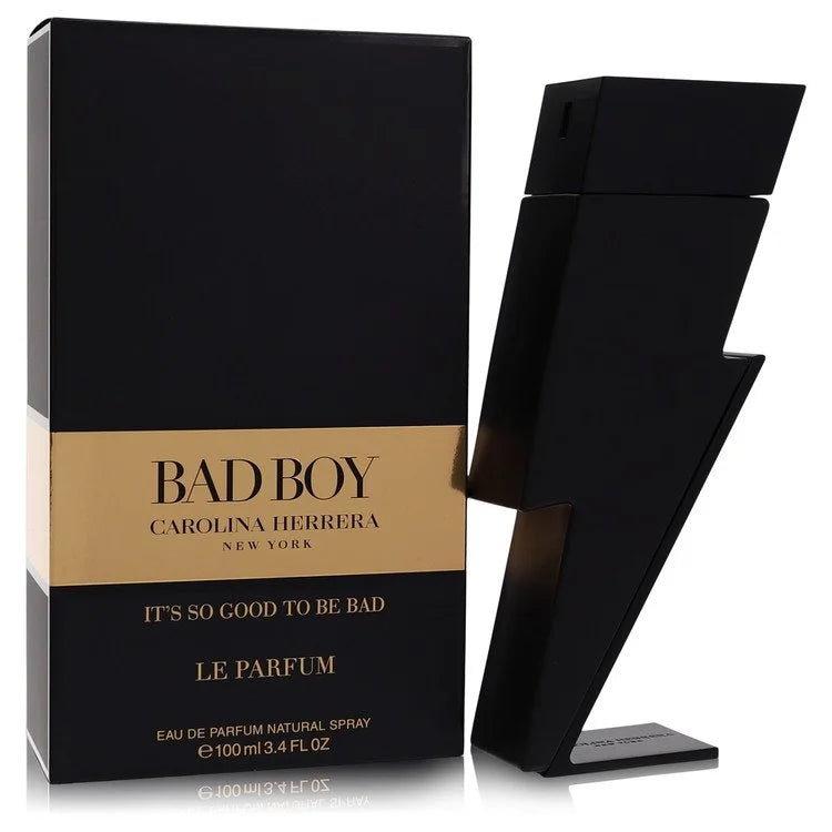 Matte black lightning bolt bottle of Carolina Herrera Bad Boy Le Parfum with smoky, mysterious background elements 100ml