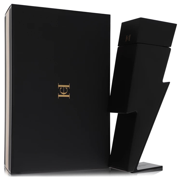 Matte black lightning bolt bottle of Carolina Herrera Bad Boy Le Parfum with smoky, mysterious background elements 150ml