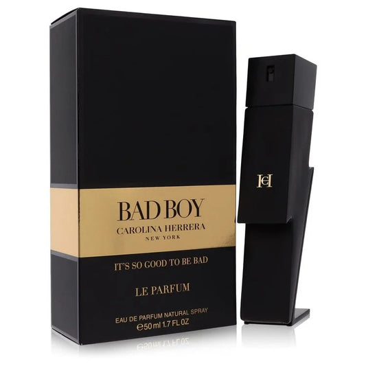 Matte black lightning bolt bottle of Carolina Herrera Bad Boy Le Parfum with smoky, mysterious background elements 50ml