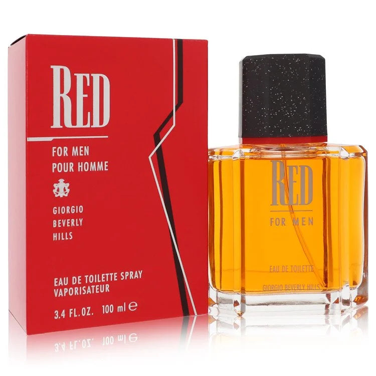 Bottle of Giorgio Beverly Hills Red for Men Eau de Toilette with deep red accents and bold masculine background 100ml