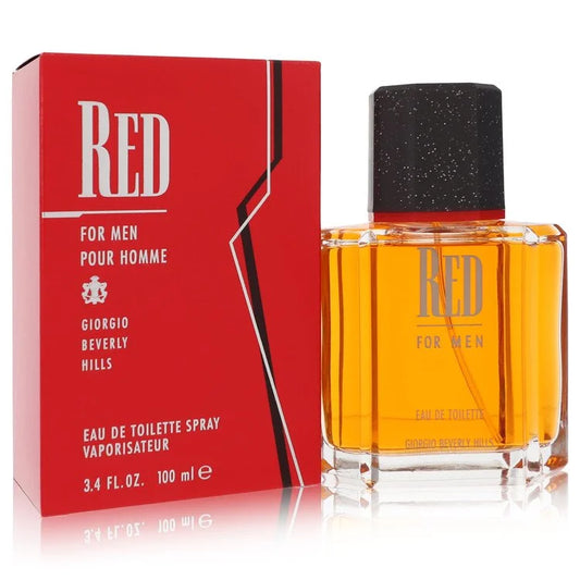 Bottle of Giorgio Beverly Hills Red for Men Eau de Toilette with deep red accents and bold masculine background 100ml