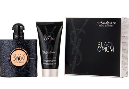 Black Opium by Yves Saint Laurent Gift Set – 50ml Eau de Parfum and 50ml Shimmering Body Lotion in edgy black and pink packaging.