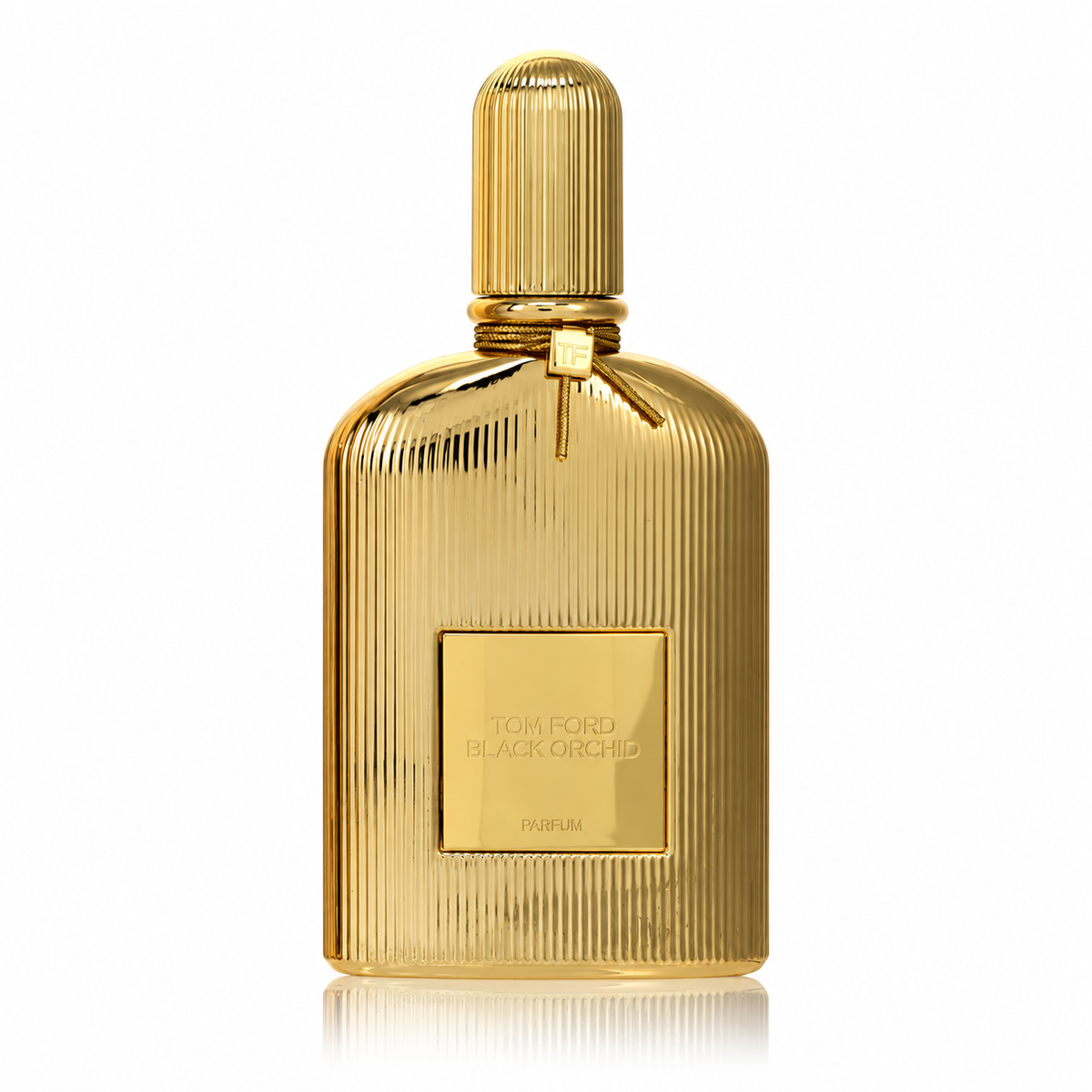 Tom Ford Black Orchid Parfum Pure Perfume luxury unisex fragrance in an elegant metallic gold fluted bottle, featuring black truffle, ylang-ylang, black orchid, rum and patchouli. 50ml