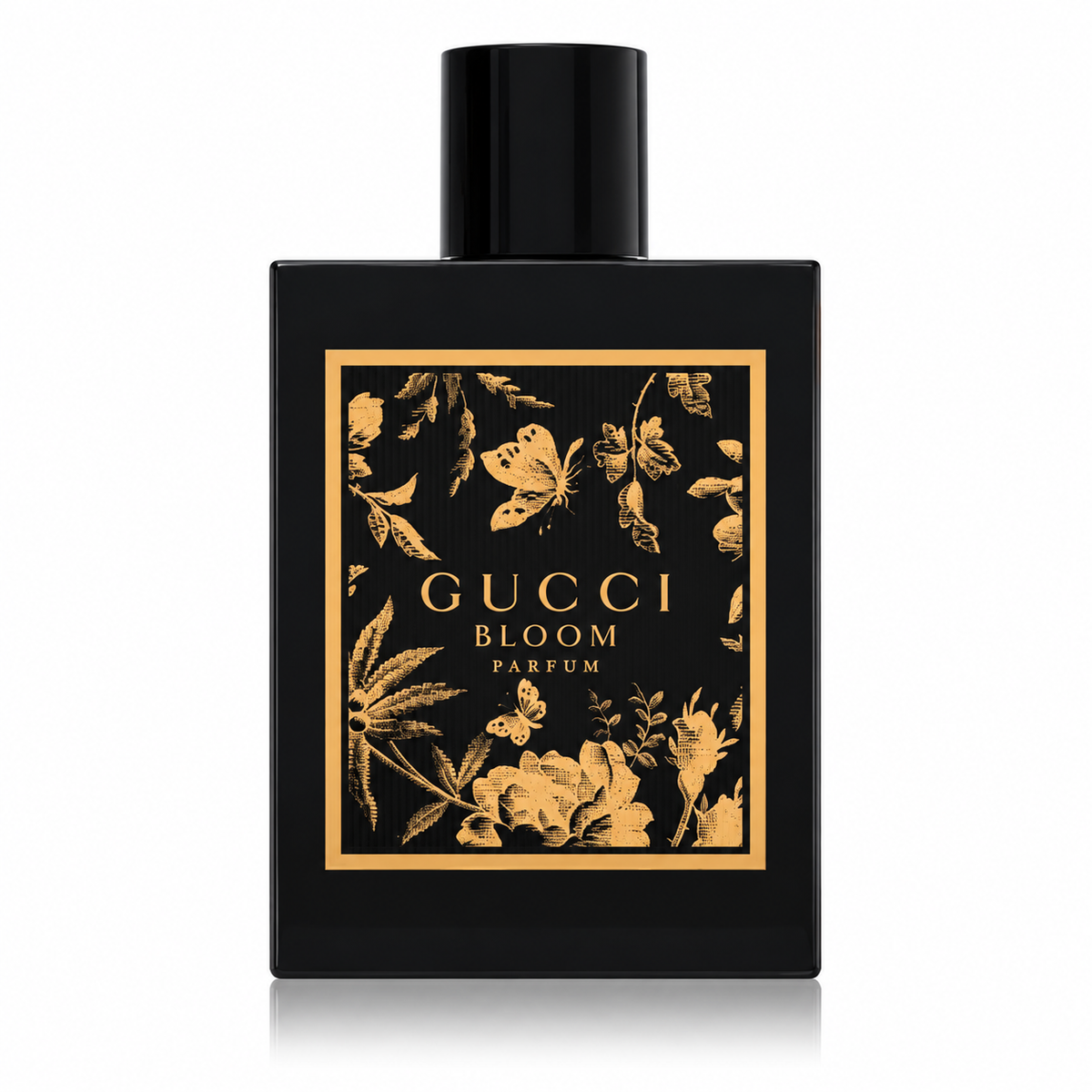 Gucci Bloom Parfum for women in an elegant black lacquered bottle featuring the Gucci Herbarium design, with jasmine, tuberose, vanilla and Peru balsam notes 100ml