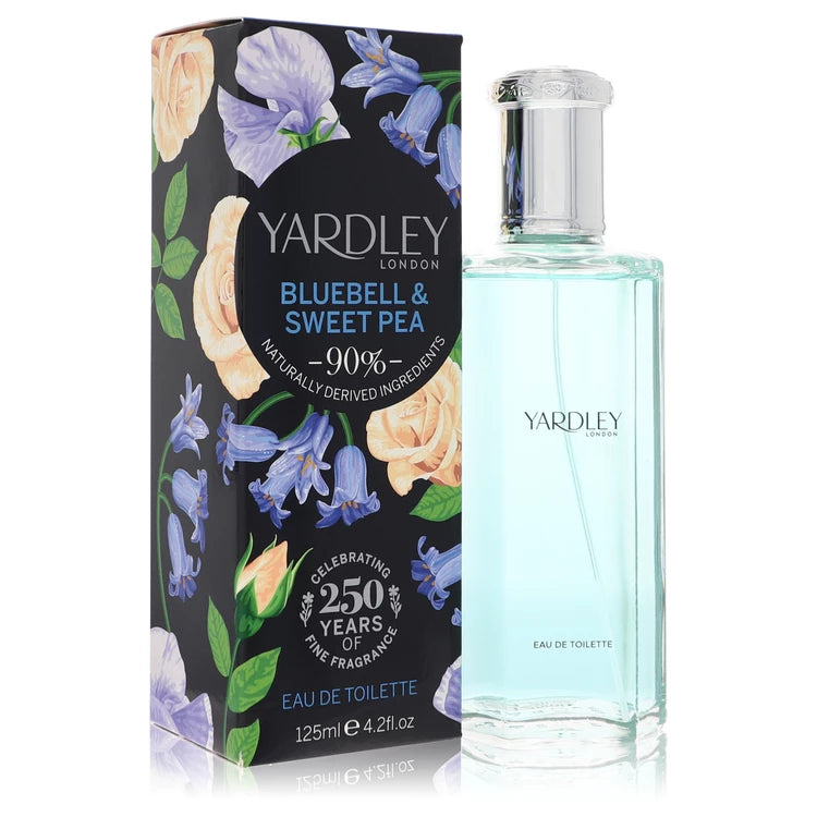 Yardley London Bluebell & Sweet Pea perfume bottle and packaging on a white background 125ml