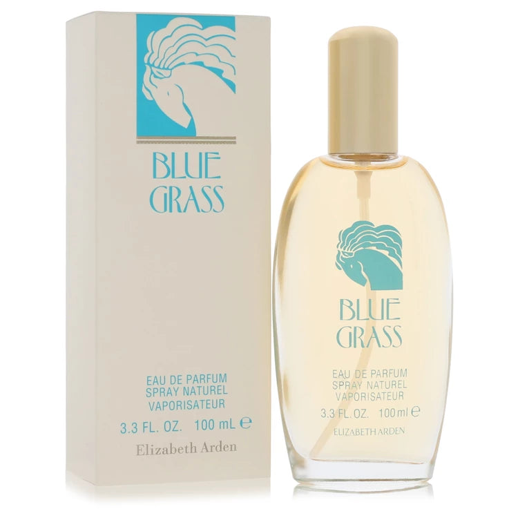 Elizabeth Arden Blue Grass perfume bottle and packaging on a white background 100ml