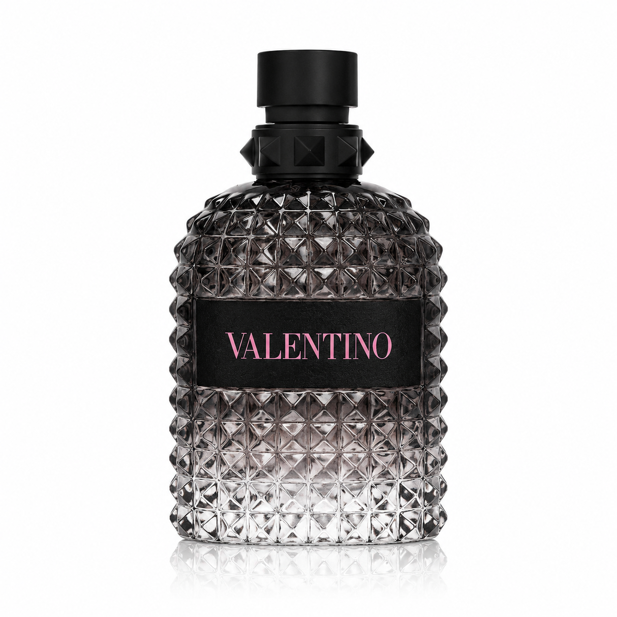 A textured glass bottle of Valentino fragrance with a black cap and a black label featuring the brand name in pink, set against a plain white background. 100ml