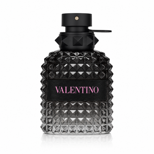 Valentino Uomo fragrance bottle with a textured faceted black and gray gradient body, a black pump cap, and pink 'VALENTINO' lettering on the front, shown on a white background. 50ml