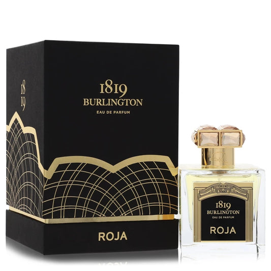 Roja Burlington 1819 Eau de Parfum luxury unisex fragrance in an elegant clear glass bottle with ornate gold cap and black-and-gold label. 100ml