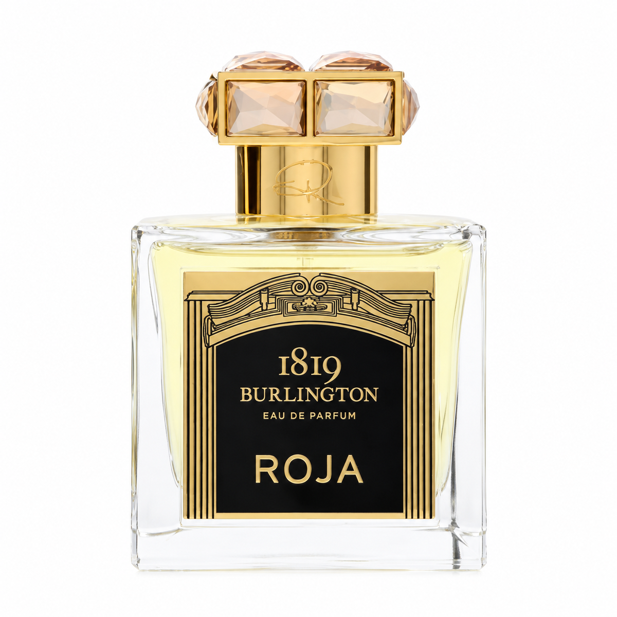 Roja Burlington 1819 Eau de Parfum luxury unisex fragrance in an elegant clear glass bottle with ornate gold cap and black-and-gold label. 100ml