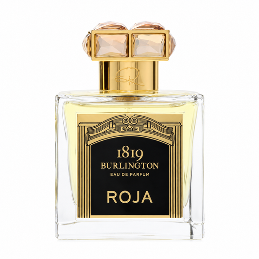 Roja Burlington 1819 Eau de Parfum luxury unisex fragrance in an elegant clear glass bottle with ornate gold cap and black-and-gold label. 100ml