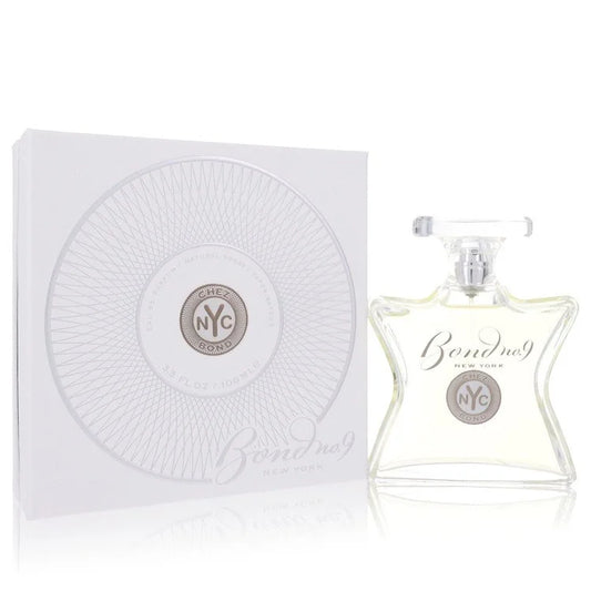 Bottle of Bond No. 9 Chez Bond Eau de Parfum with clean green and silver tones and a fresh city-inspired backdrop 100ml