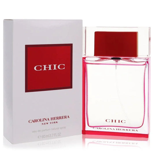 Bottle of Chic for Women by Carolina Herrera Eau de Parfum with soft florals and elegant red and gold packaging 80ml