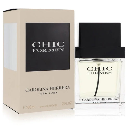 Bottle of Carolina Herrera Chic for Men Eau de Toilette with sleek, minimalist design and modern city-inspired backdrop 60ml