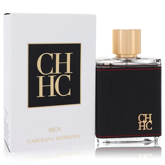Bottle of Carolina Herrera CH for Men Eau de Toilette with brown leather-wrapped detail and a warm, elegant backdrop 100ml