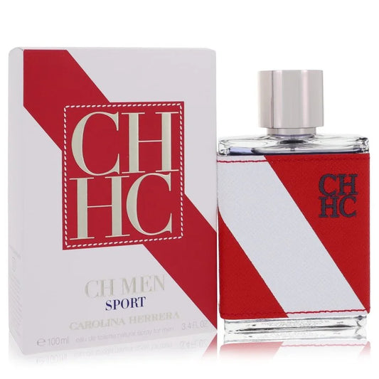 Bottle of CH Men Sport by Carolina Herrera Eau de Toilette with ocean-inspired background and sporty, red-accented packaging 100ml