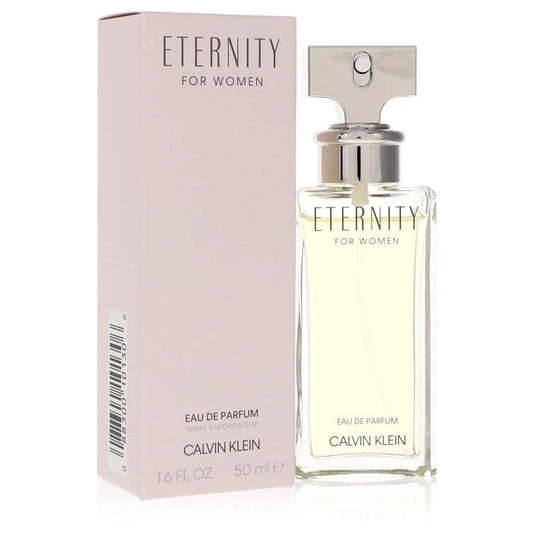 Calvin Klein Eternity for Women – timeless floral perfume in tall clear bottle with silver cap.50ml