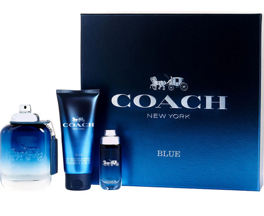 Coach Blue Gift Set – 100ml Eau de Toilette, 100ml Shower Gel, and 15ml Travel Spray in modern blue packaging.