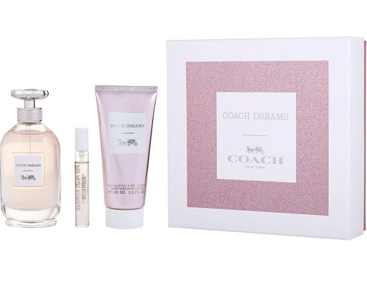 Coach Dreams Gift Set – 90ml Eau de Parfum, 100ml Body Lotion, and 7ml Travel Spray in soft pink and floral-themed packaging.