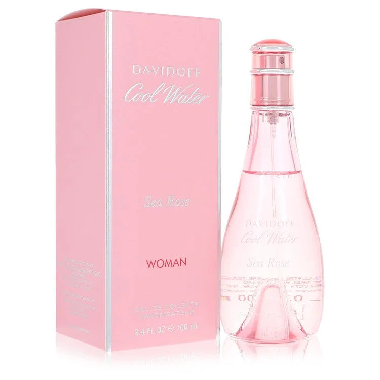 Davidoff Cool Water Sea Rose Woman perfume bottle and its pink packaging box, displayed on a clean white background. 100ml