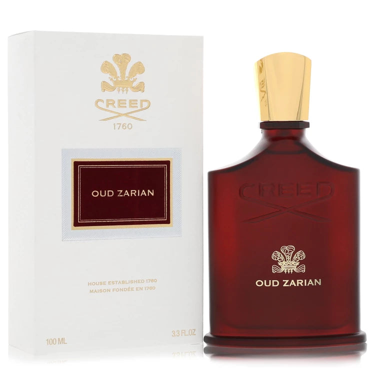 Creed Oud Zarian Eau de Parfum luxury unisex fragrance in a deep amber-brown Creed bottle with an elegant gold cap, featuring rare aged oud, frankincense, rose and sandalwood. 100ml