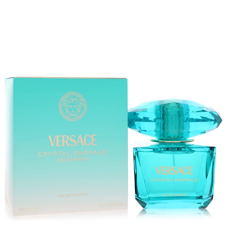 Versace Crystal Emerald Eau de Parfum for women, luxurious emerald-green perfume bottle with an oversized faceted gemstone-inspired cap and elegant Versace detailing 90ml