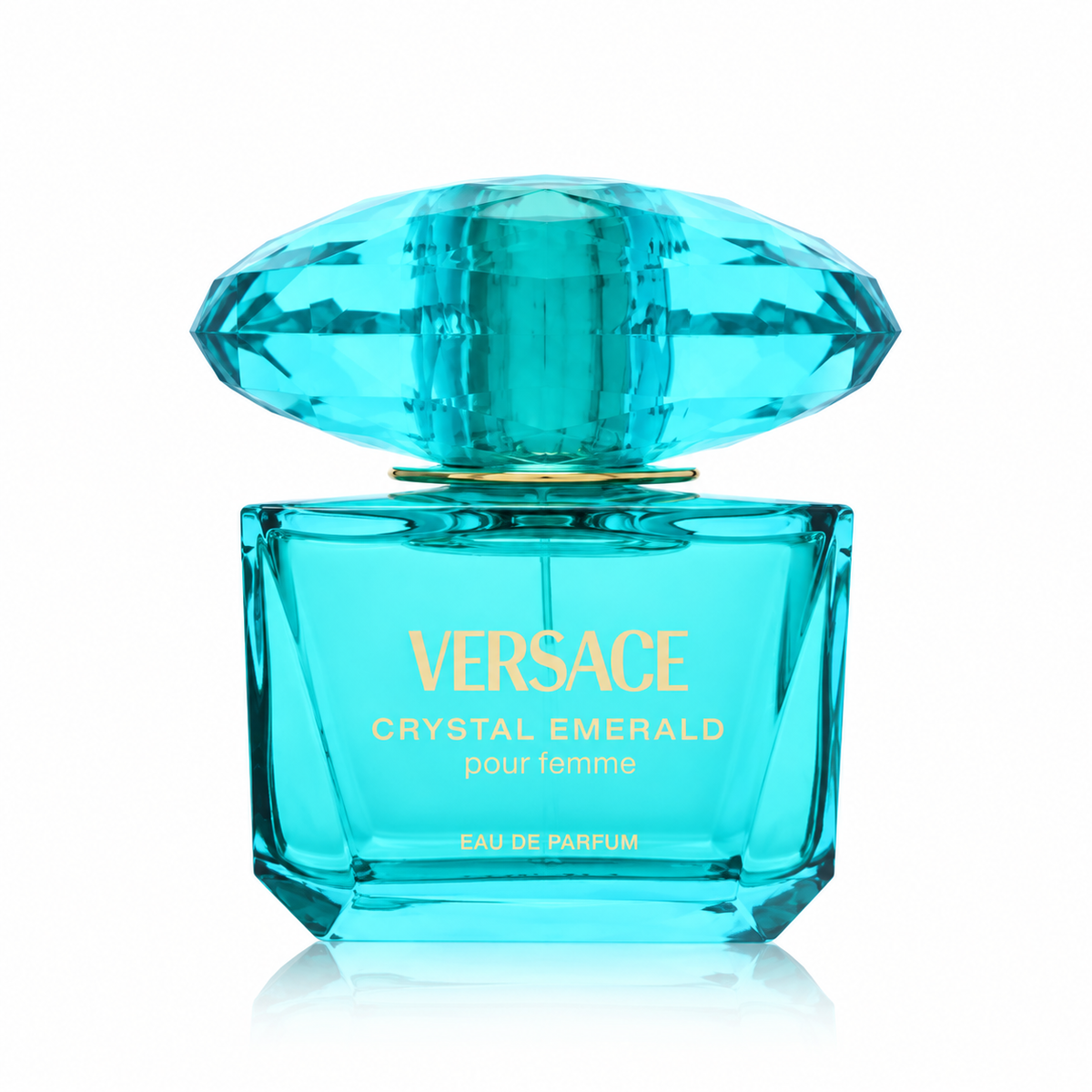 Versace Crystal Emerald Eau de Parfum for women, luxurious emerald-green perfume bottle with an oversized faceted gemstone-inspired cap and elegant Versace detailing 90ml