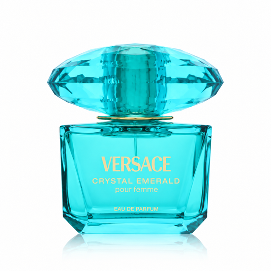 Versace Crystal Emerald Eau de Parfum for women, luxurious emerald-green perfume bottle with an oversized faceted gemstone-inspired cap and elegant Versace detailing 90ml