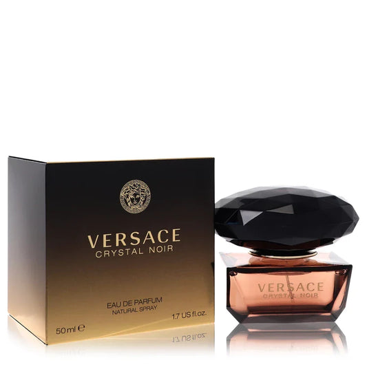 Versace Crystal Noir Eau de Parfum – deep floral oriental scent in dark faceted bottle with oversized black cap. 50ml