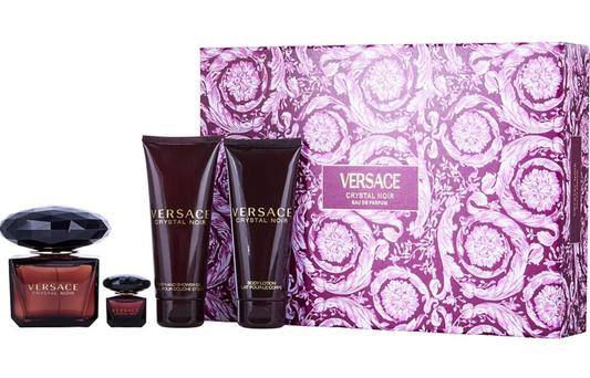 Versace Crystal Noir Gift Set – 90ml Eau de Parfum, 100ml Body Lotion, 100ml Shower Gel, and 5ml Mini in luxurious dark-themed packaging.