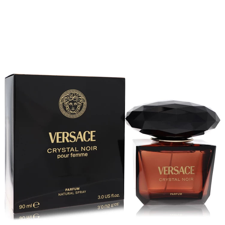 Versace Crystal Noir perfume bottle and packaging on a white background 90ml