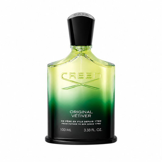 Creed Original Vetiver Eau de Parfum 100ml bottle, featuring a green-to-yellow gradient glass body with a black cap and base, on a white background.